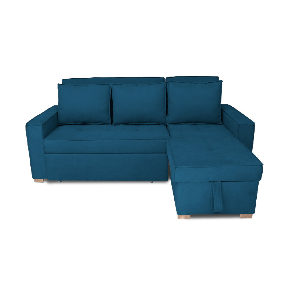 Esquinero Baúl Marsella Multifuncional Reclinable Derecho Azul Petróleo + Cojines Decorativos