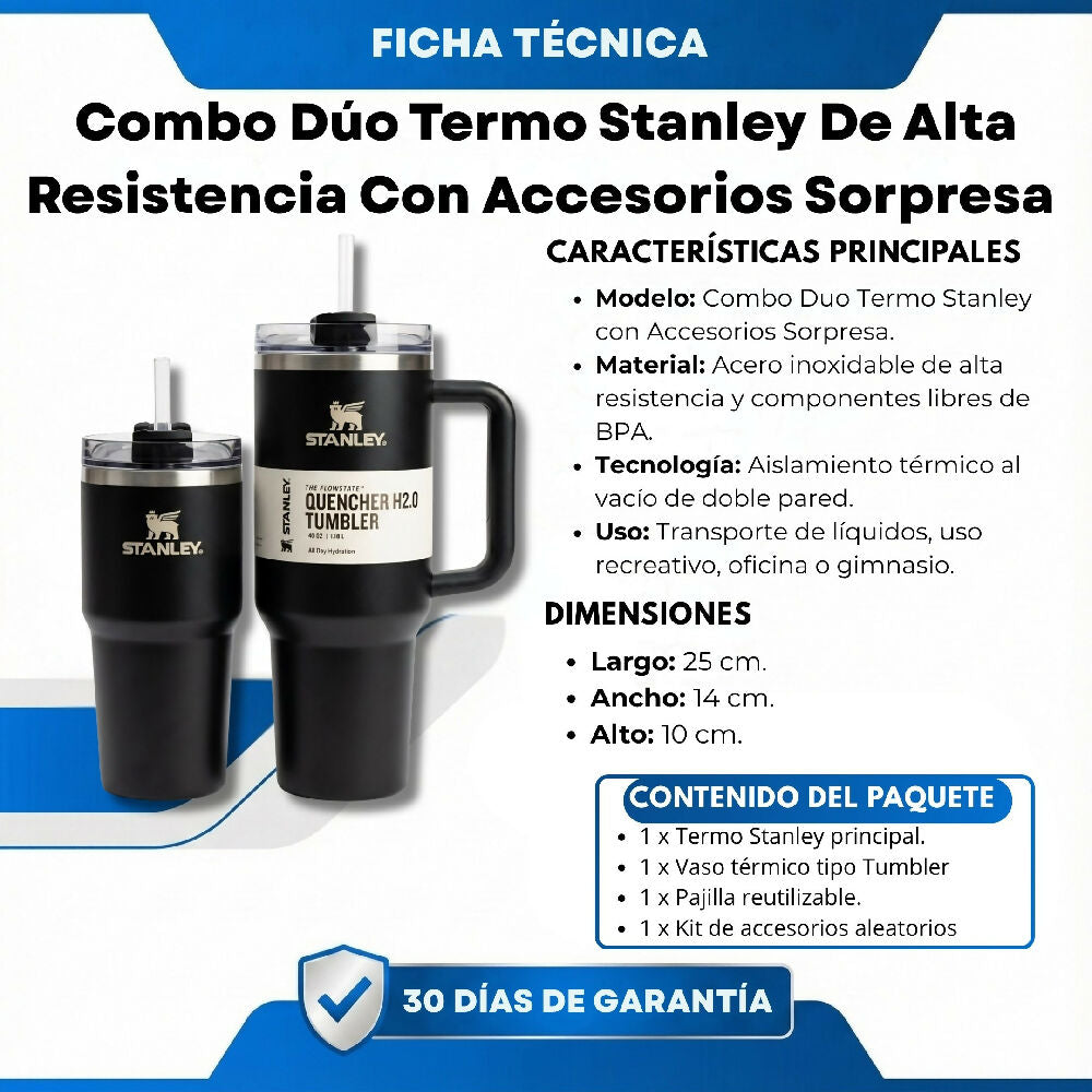 Combo Dúo Termo Stanley De Alta Resistencia Con Accesorios Sorpresa Negro