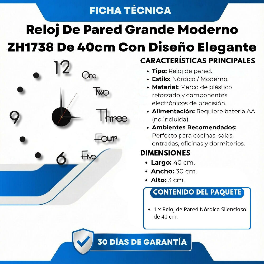 Reloj De Pared Grande Moderno ZH1738 De 40cm Con Diseño Elegante