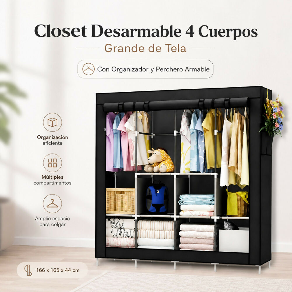 Closet Desarmable 4 Cuerpos Grande De Tela Con Organizador Y Perchero Armable