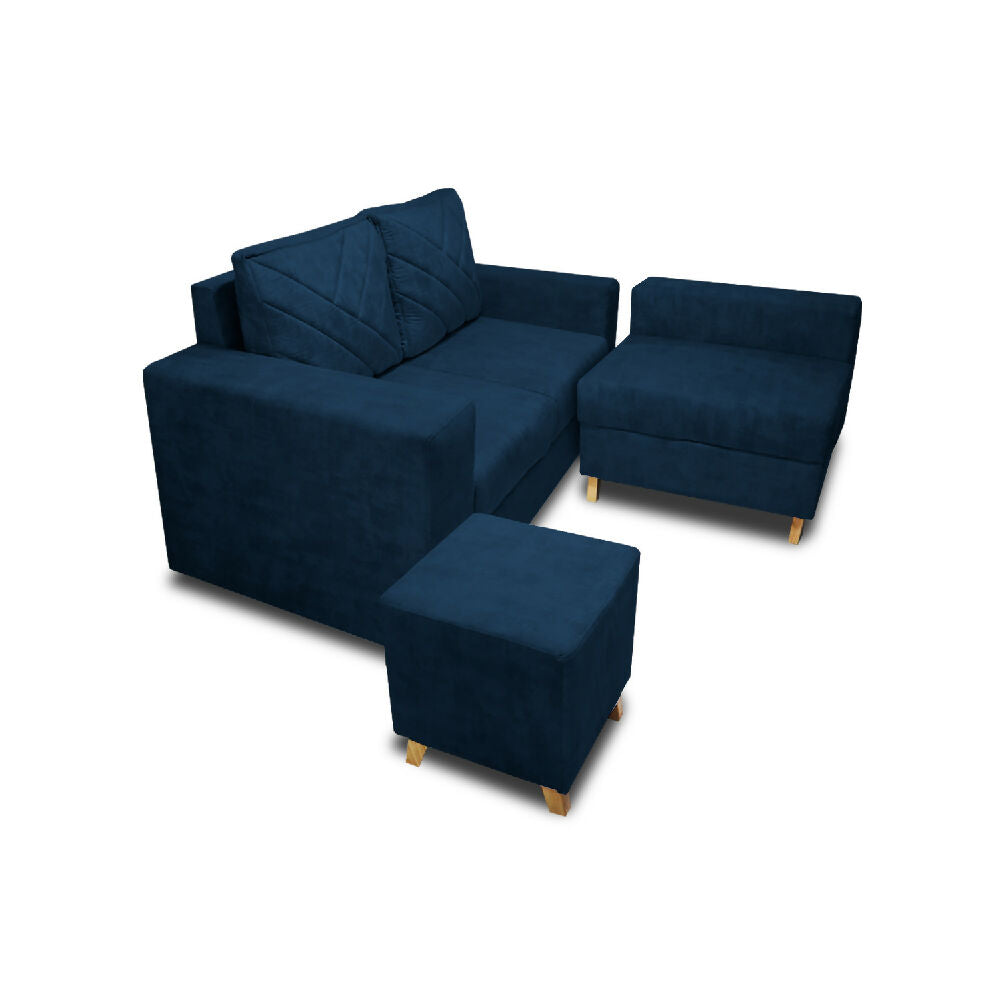 Sala Amsterdam + Silla + Puff en Tela Amigable Con Mascotas 150X72X155 Cm Azul Petroleo