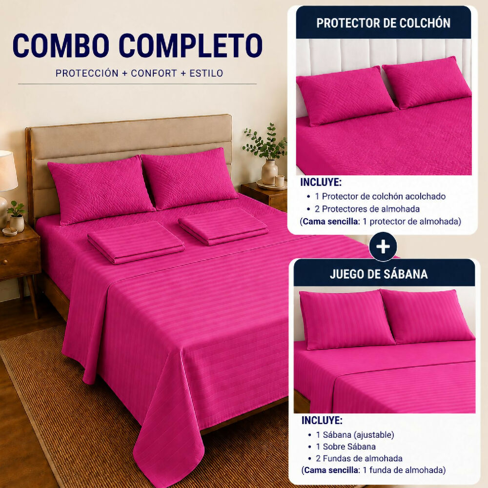 Combo protector colchon + Juego de sábanas doble fucsia