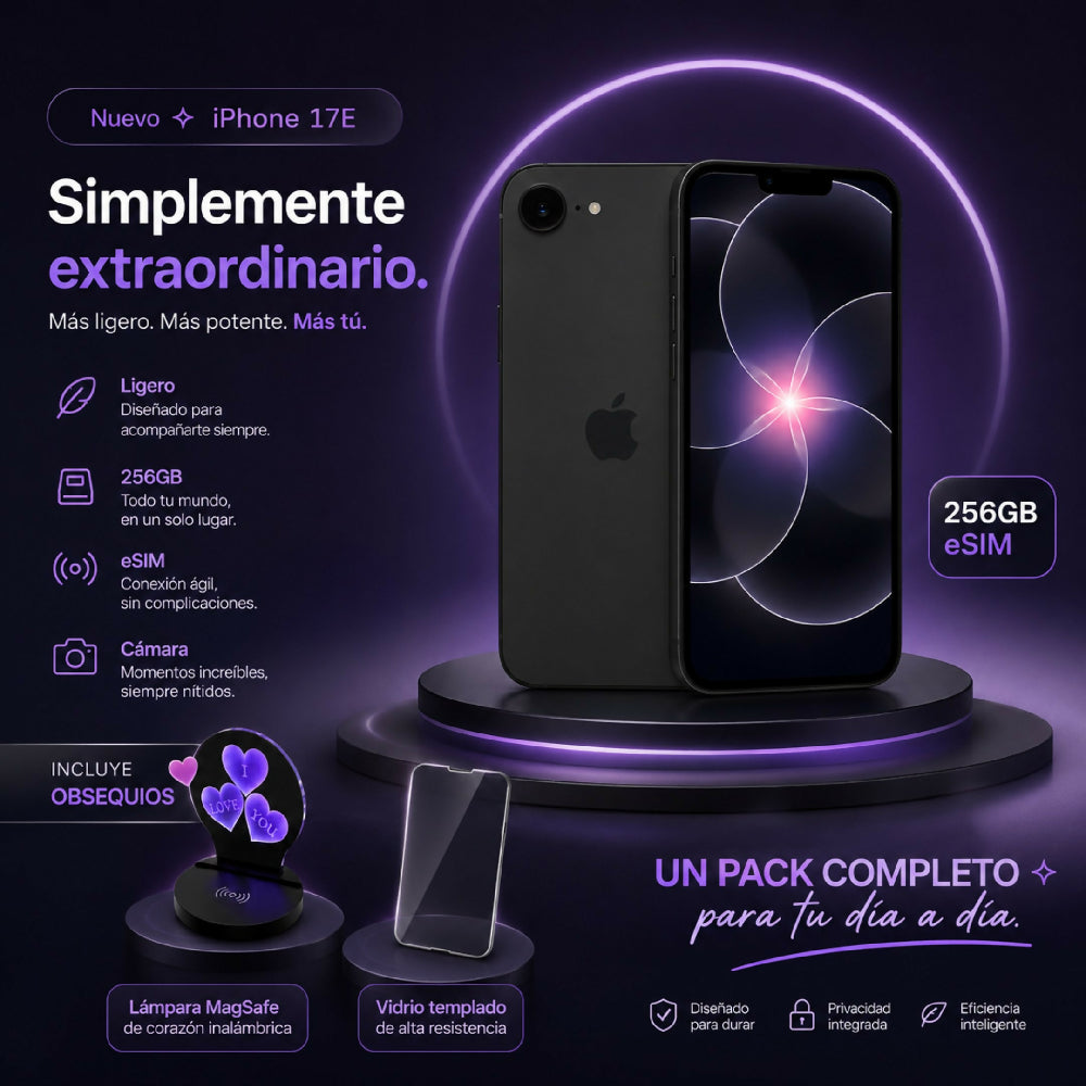 Celular Apple IPhone 17e 256gb ESim + Obsequio Lámpara Corazón 3D MagSafe Y Vidrio Negro
