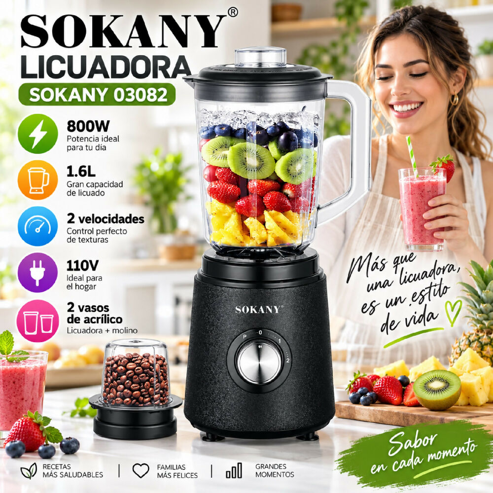 Licuadora Vaso De Alimentos Sokany 2 En 1 SK-03082 Alta Potencia Bebida 1,6L