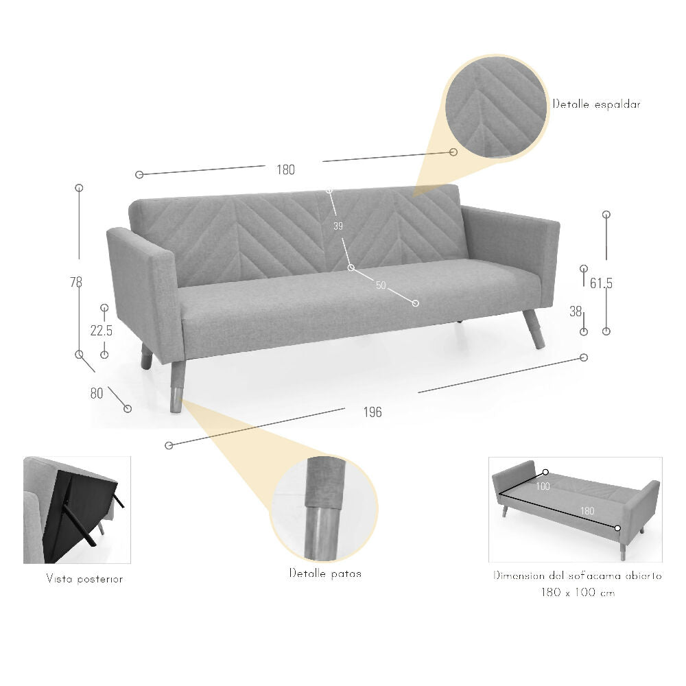 Sofa Cama Artemisa 196x80x78 Reclinable Tela Plata