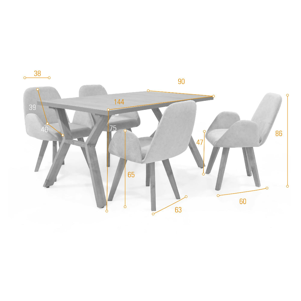 Set de Comedor Nara Macula con 4 Sillas Mao Tela Plata Matiz Caoba