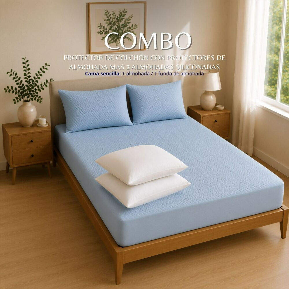 Combo protector colchon + 2 almohadas siliconadas queen celeste