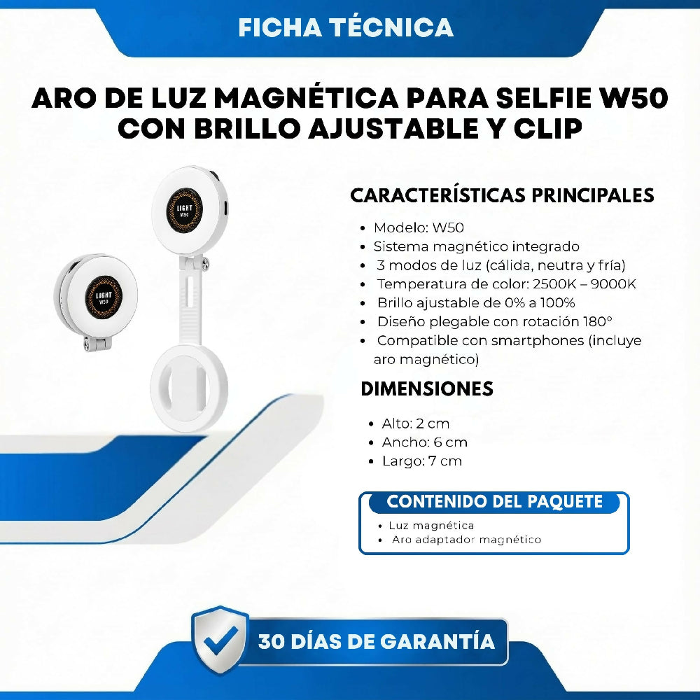Aro De Luz Magnética Para Selfie W50 Con Brillo Ajustable Y Clip