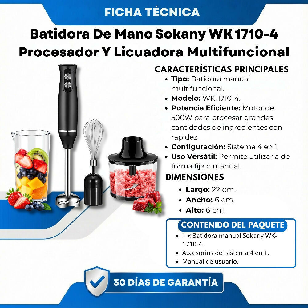 Batidora De Mano Sokany WK 1710-4 Procesador Y Licuadora Multifuncional