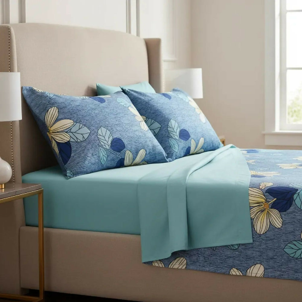 Juego de Sábanas Cama King 300 Hilos 100% Algodón Magnolia Azul