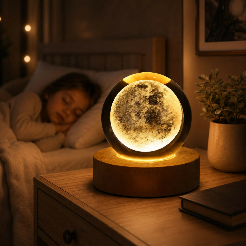 Lámpara Proyector Bola De Cristal LED Con Base Madera Conexión USB