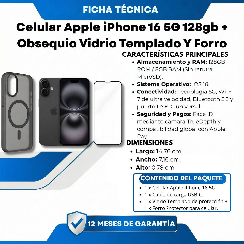 Celular Apple IPhone 16 5G 128gb 8gb RAM + Obsequio Vidrio Templado Y Forro Negro