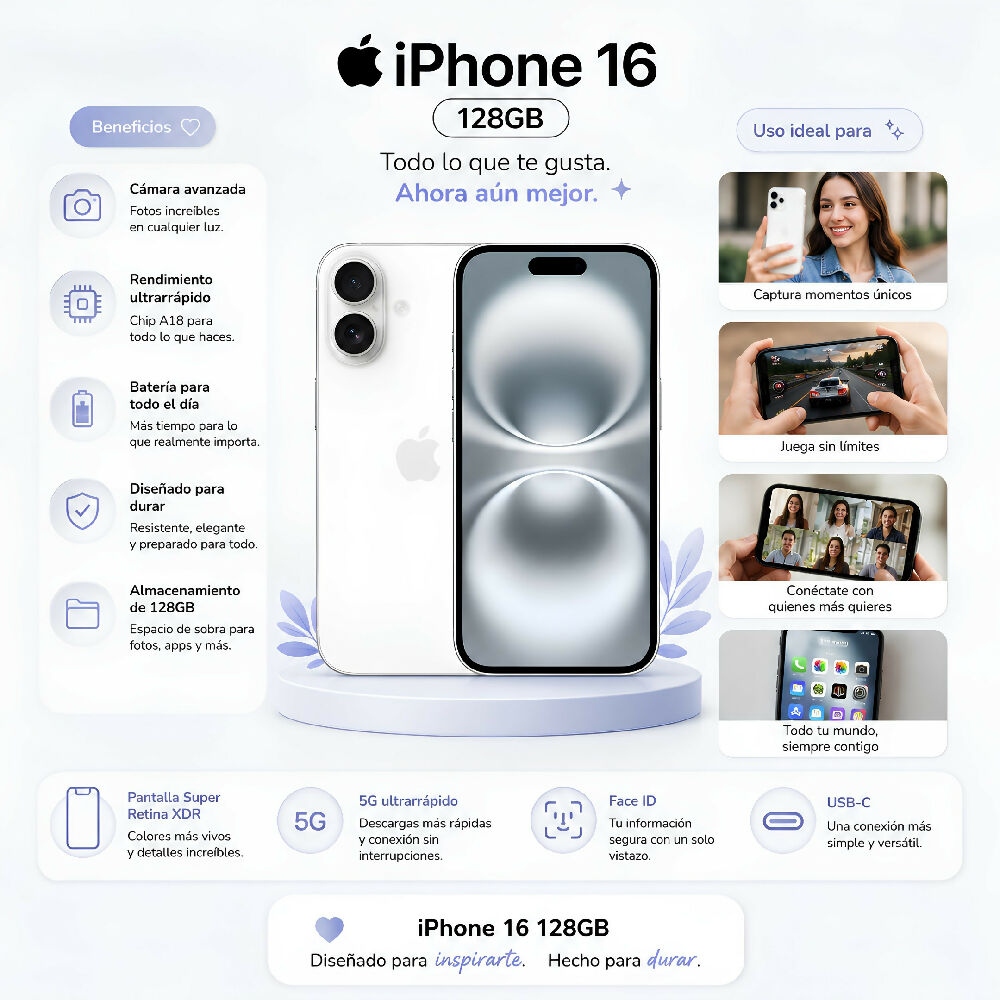 Celular Apple IPhone 16 5G 128gb 8gb RAM + Obsequio Vidrio Templado Y Forro Blanco