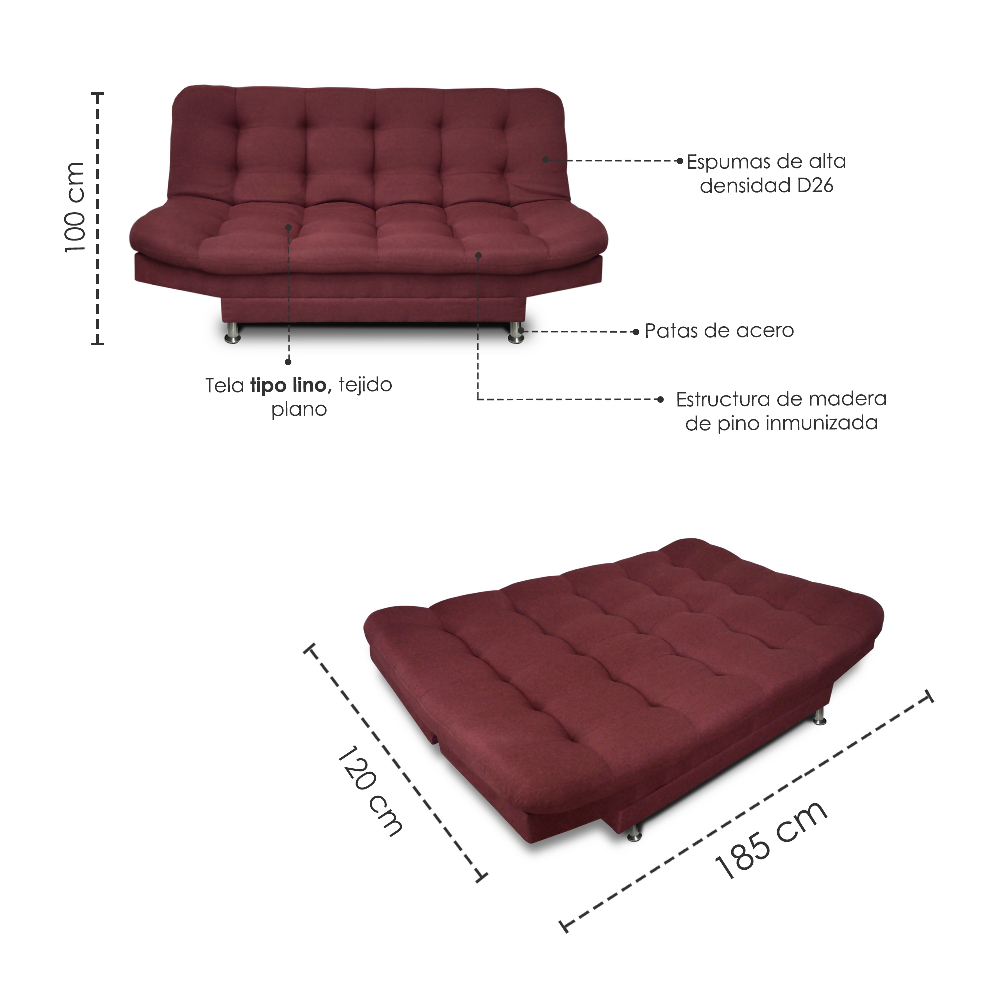 Sofa cama 3 posiciones Carvallo Plain Vinotinto