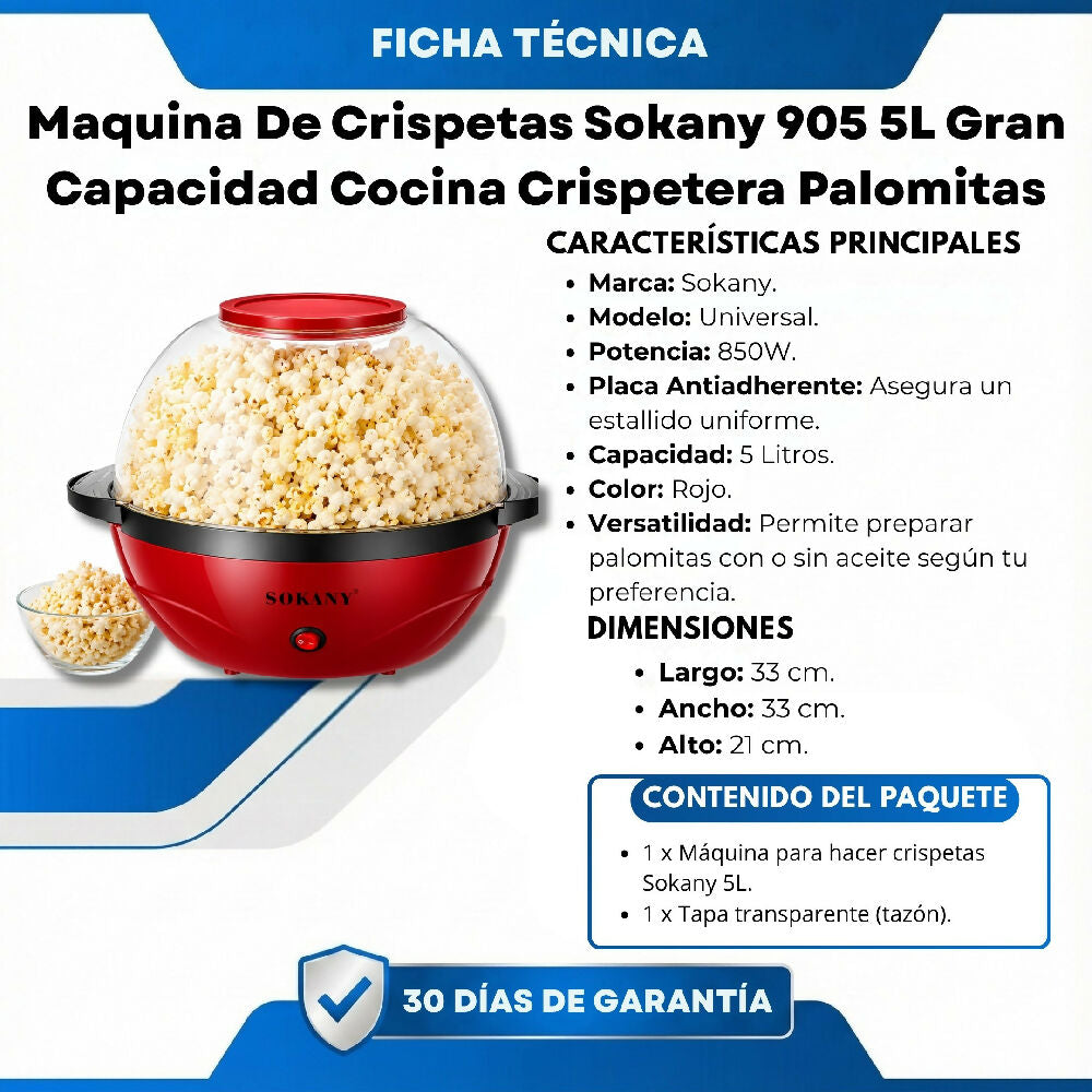 Maquina De Crispetas Sokany 905 5L Gran Capacidad Cocina Crispetera Palomitas