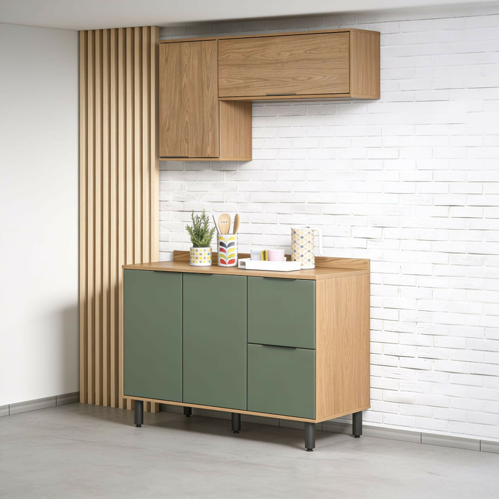 Cocina 120 cm Sicilia 4 Puertas 2 Cajones - Natural/Oliva
