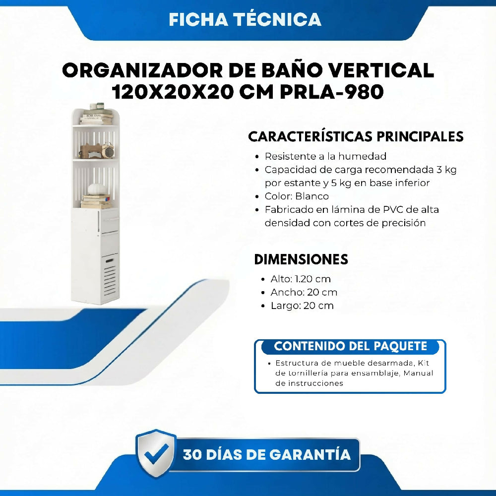 Organizador De Baño Vertical 120 Cm Con Estantes Y Cajón Mueble Slim Multifuncional Para Espacios Pequeños Color Blanco