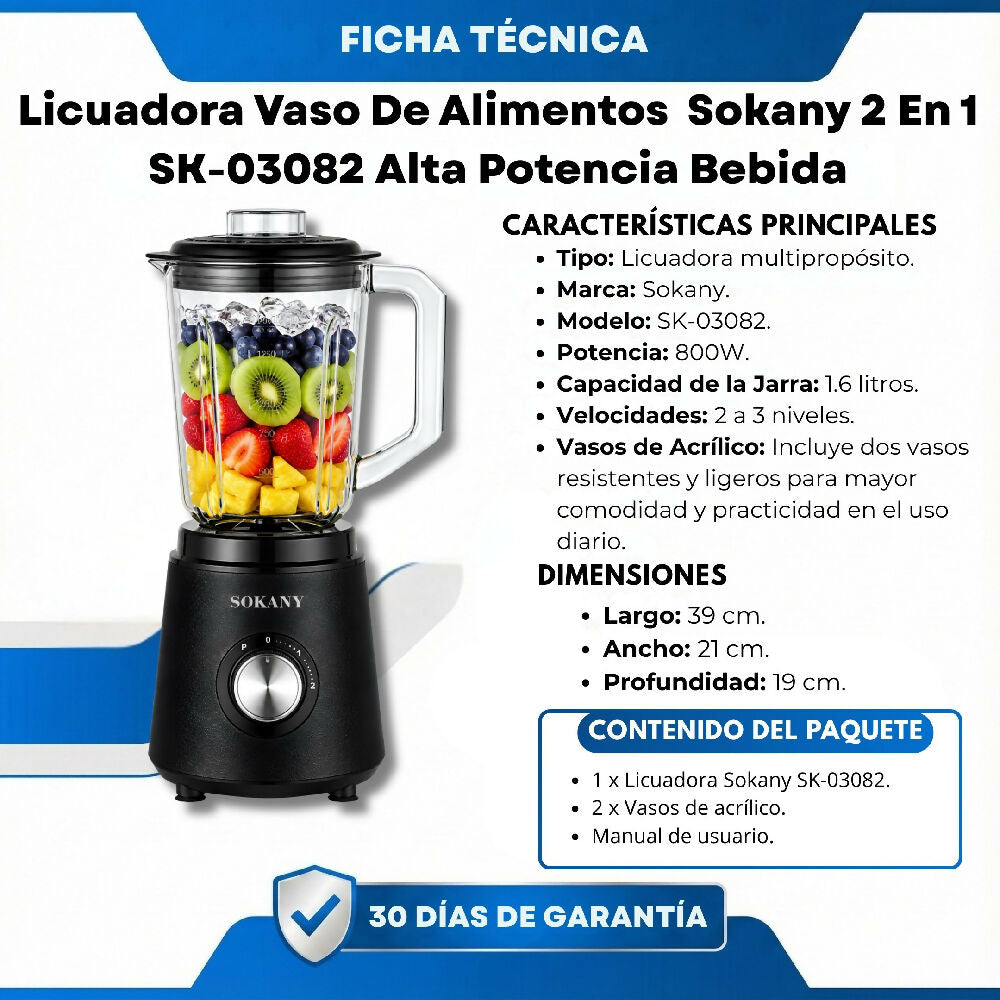 Licuadora Vaso De Alimentos Sokany 2 En 1 SK-03082 Alta Potencia Bebida 1,6L