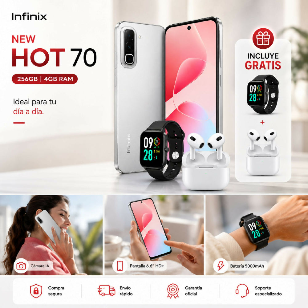 Celular Infinix Hot 70 256GB 4GB RAM Blanco + Obsequio De Audífonos Y Reloj
