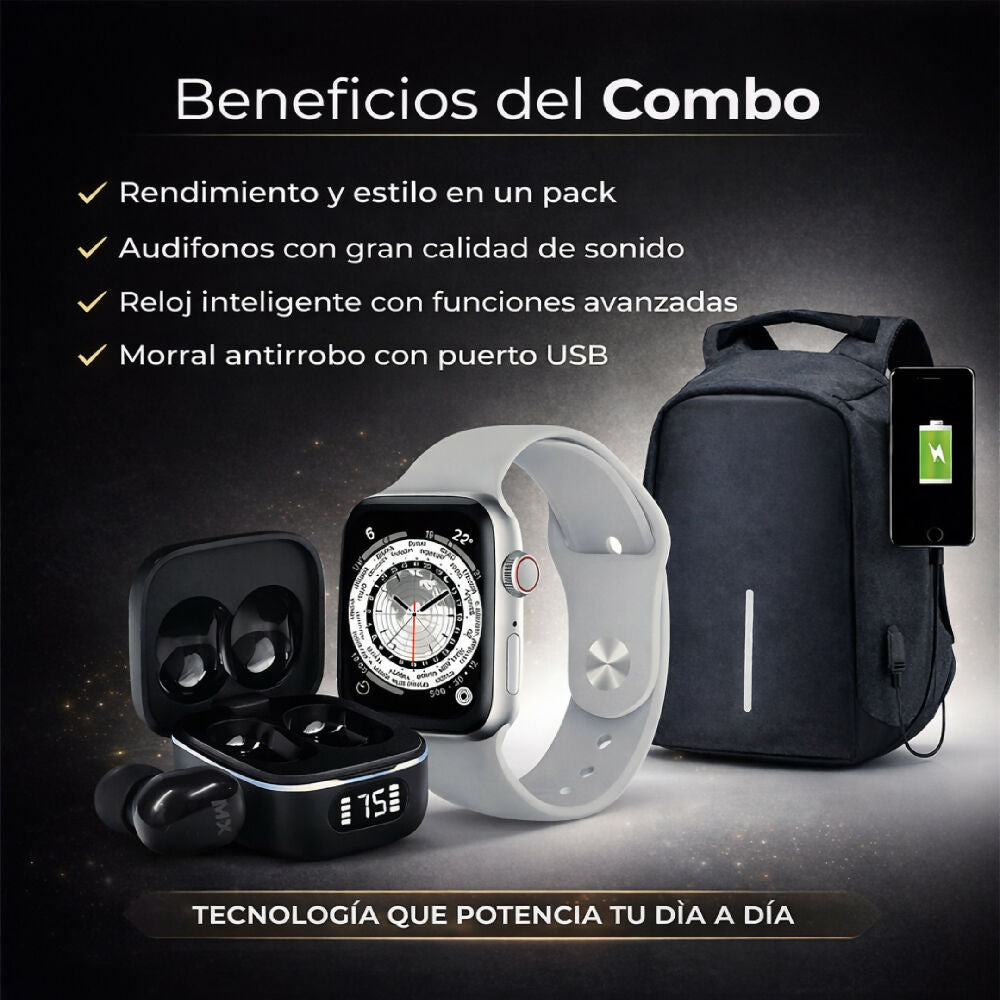 Combo Tecno Activo Audífonos Bluetooth JK5 + Smartwatch IW10 Mini + Morral Antirrobo Negro USB