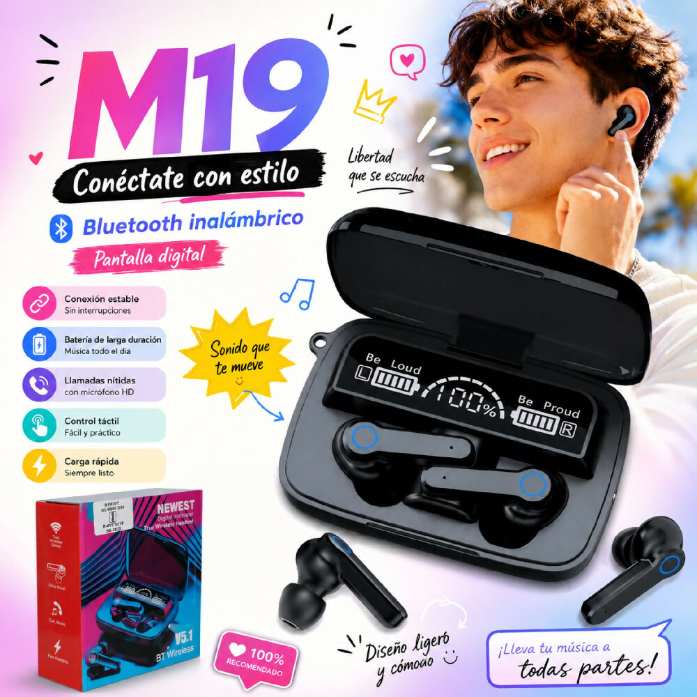 Audifonos Inalambricos M19 Bluetooth 5.3 Recargables Con Power Bank