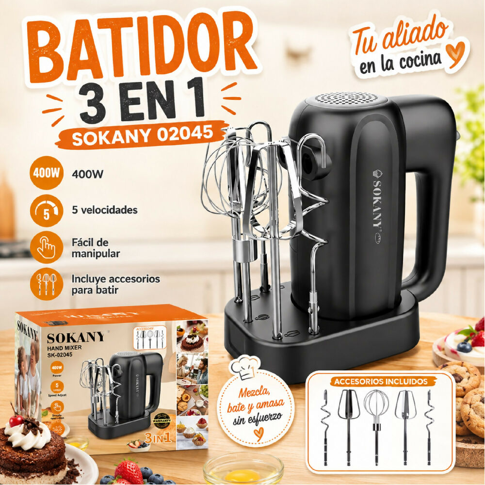 Batidor Electrico Sokany 3 En 1 SK-02045 Con 400W De Potencia Cocina Batidora