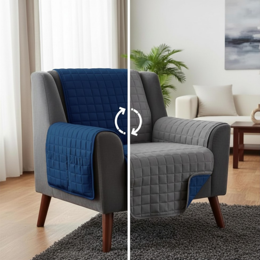 Protector de Sofá 1 Puesto Acolchado Doble Faz Unicolor Azul Oscuro y Gris
