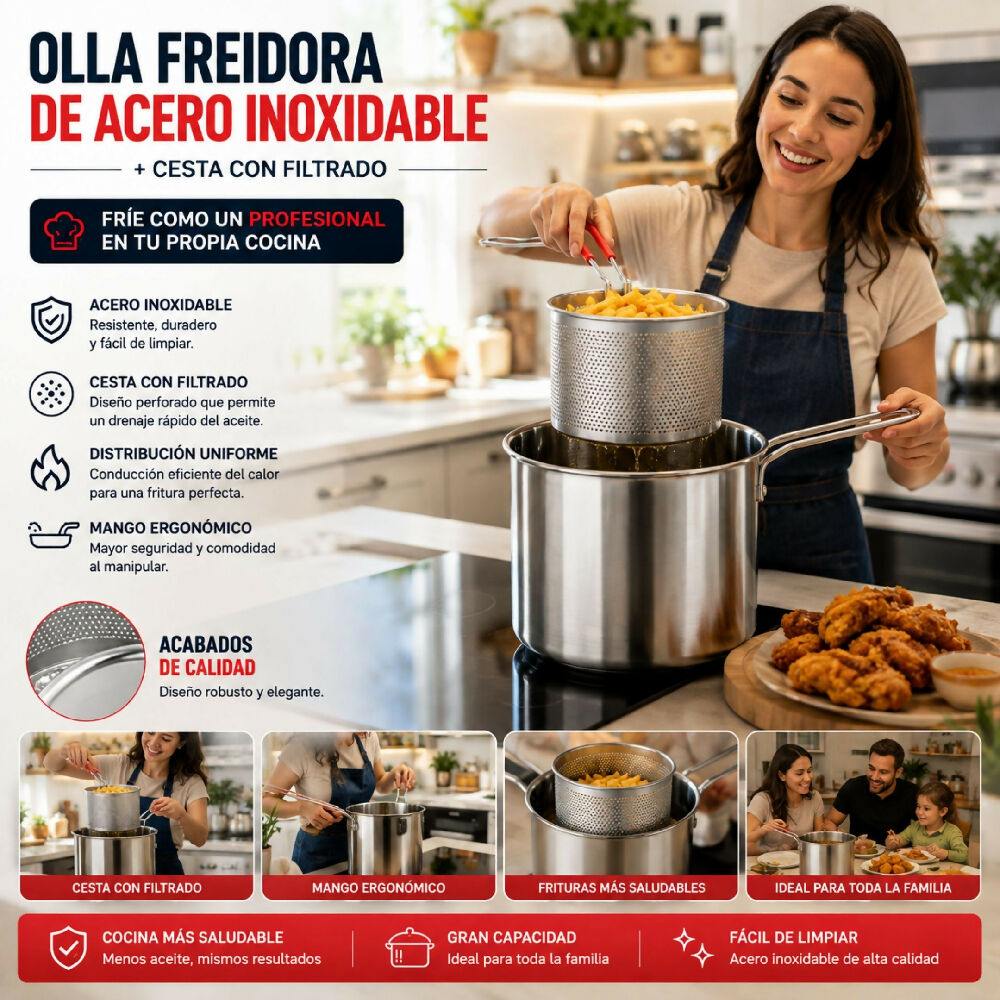 Olla Freidora De Acero Inoxidable + Cesta Escurre El Exceso De Aceite Al Instante