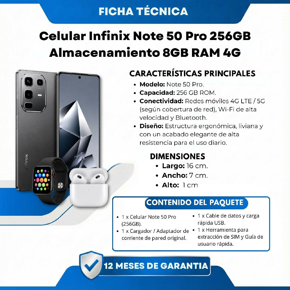 Smartphone Infinix Note 50 Pro 256GB Libre Negro + 2 Regalos Incluidos