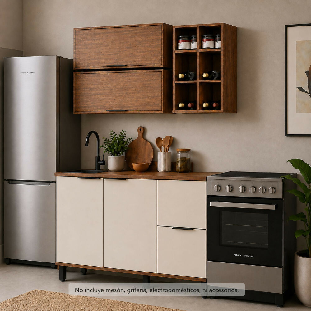 Cocina 120 cm Tahití 4 Puertas 2 Cajones - Natural/Blanco Apagado