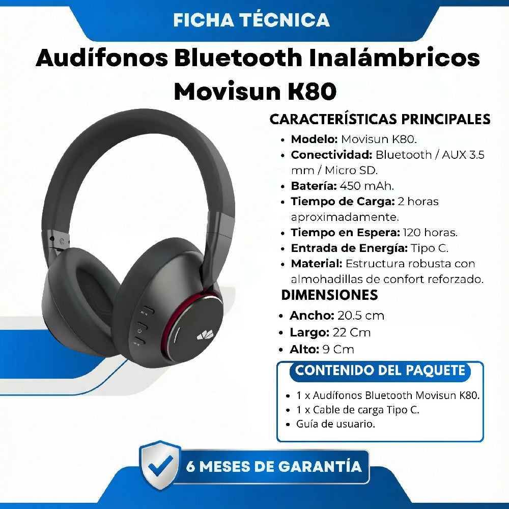 Audífonos Bluetooth Inalámbricos Movisun K80 Y Cancelación De Ruido