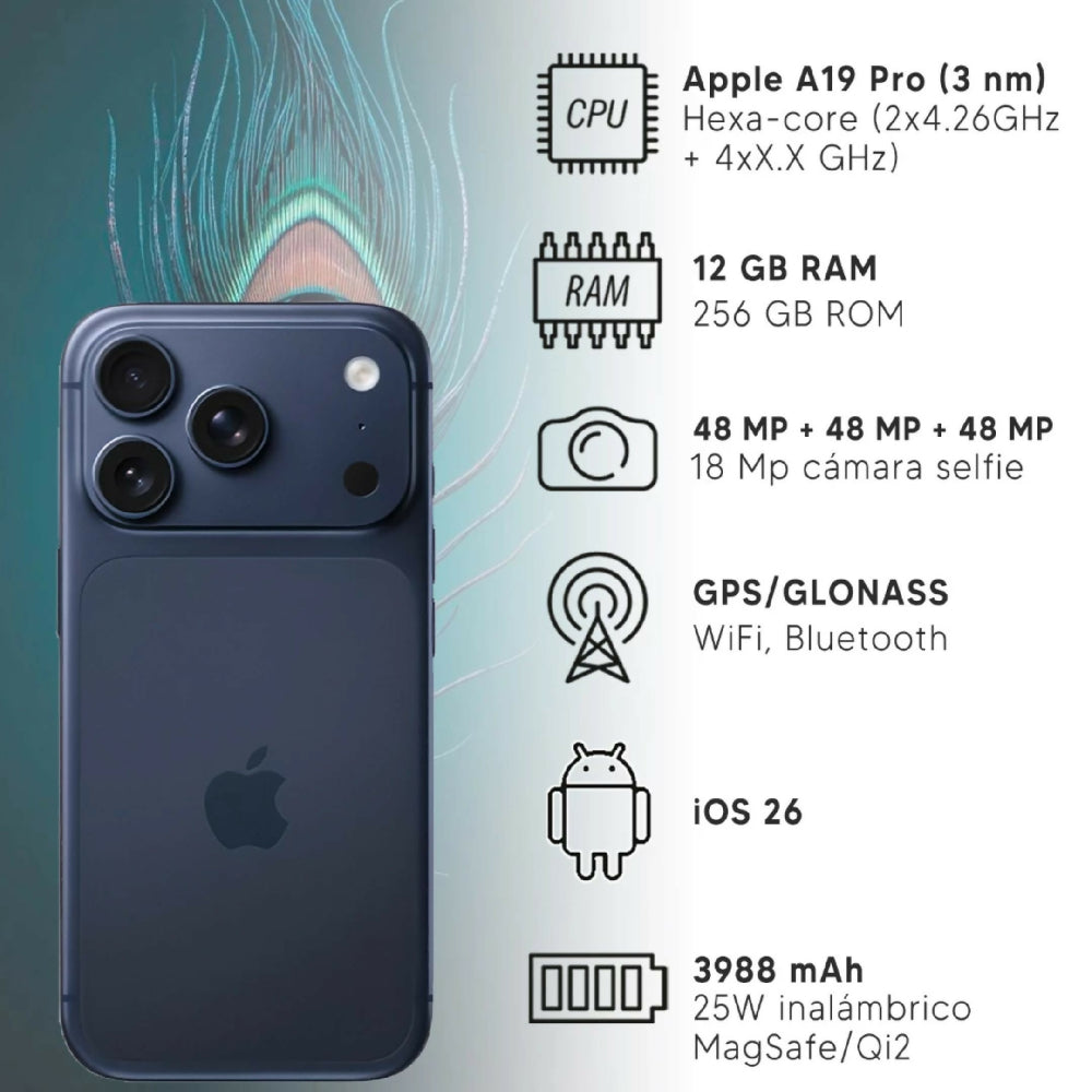 Celular IPhone 17 Pro Max 256GB E-Sim Pantalla ProMotion De 120Hz Azul inteso