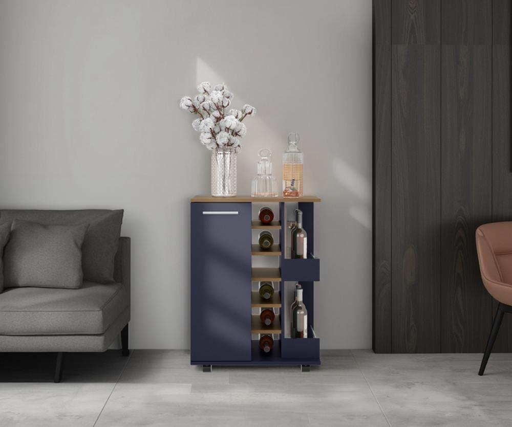 Bar Cart Argus, Azul y Fresno Kronos, con Espacio Para Botellas y Porta Copas
