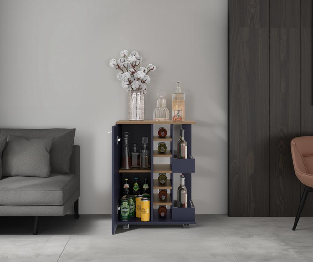 Bar Cart Argus, Azul y Fresno Kronos, con Espacio Para Botellas y Porta Copas
