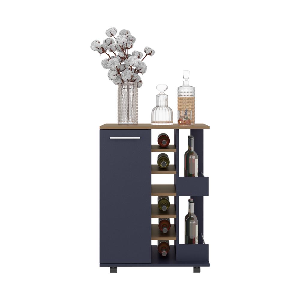 Bar Cart Argus, Azul y Fresno Kronos, con Espacio Para Botellas y Porta Copas