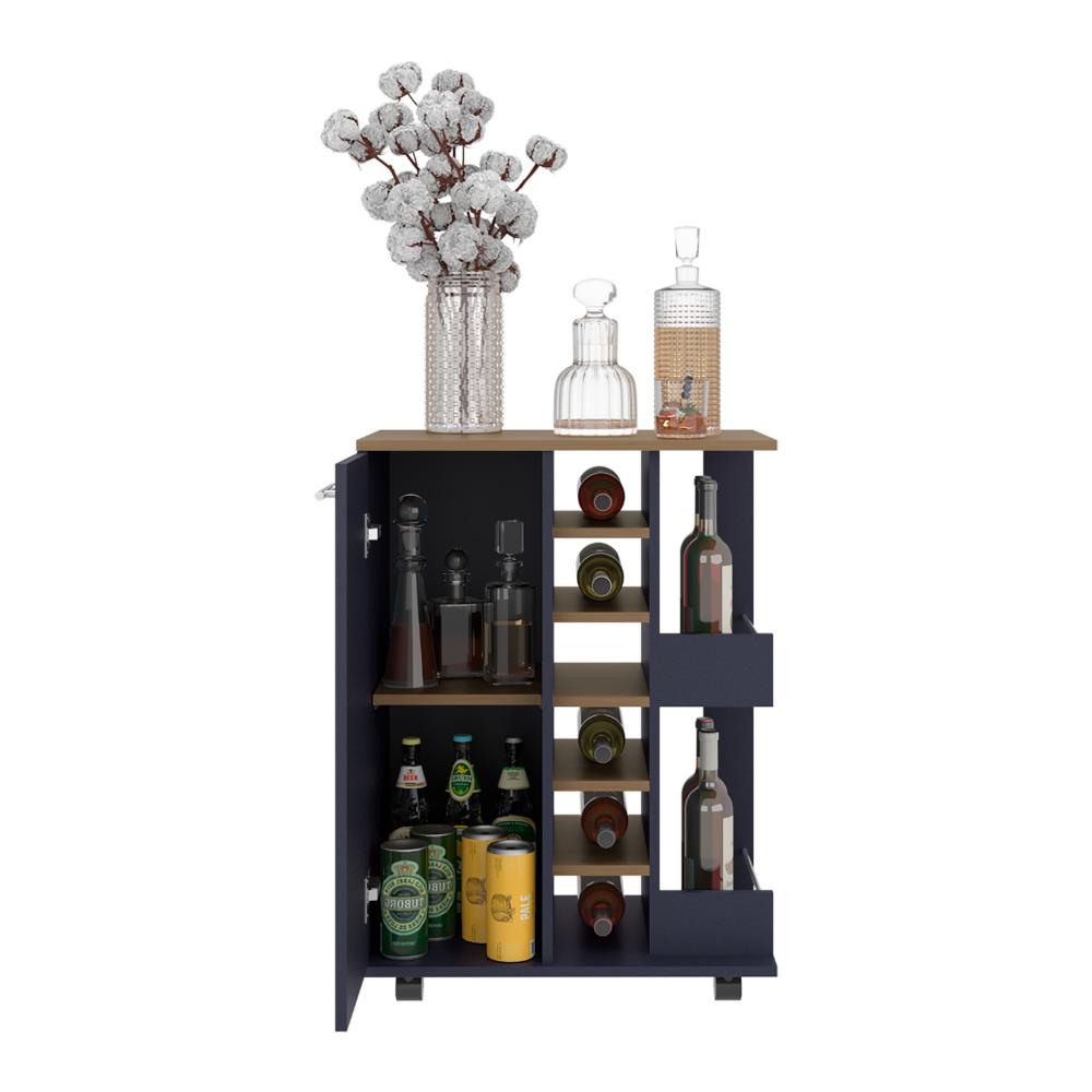 Bar Cart Argus, Azul y Fresno Kronos, con Espacio Para Botellas y Porta Copas