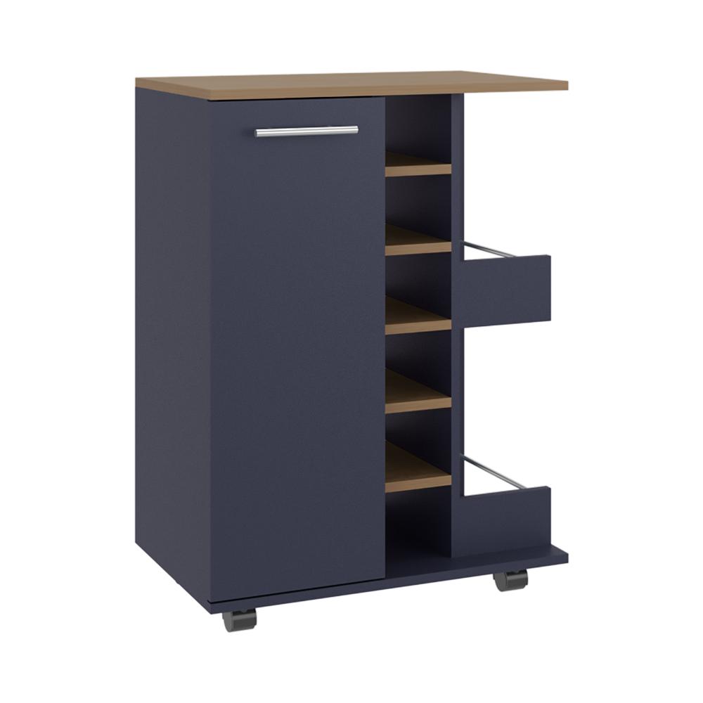 Bar Cart Argus, Azul y Fresno Kronos, con Espacio Para Botellas y Porta Copas