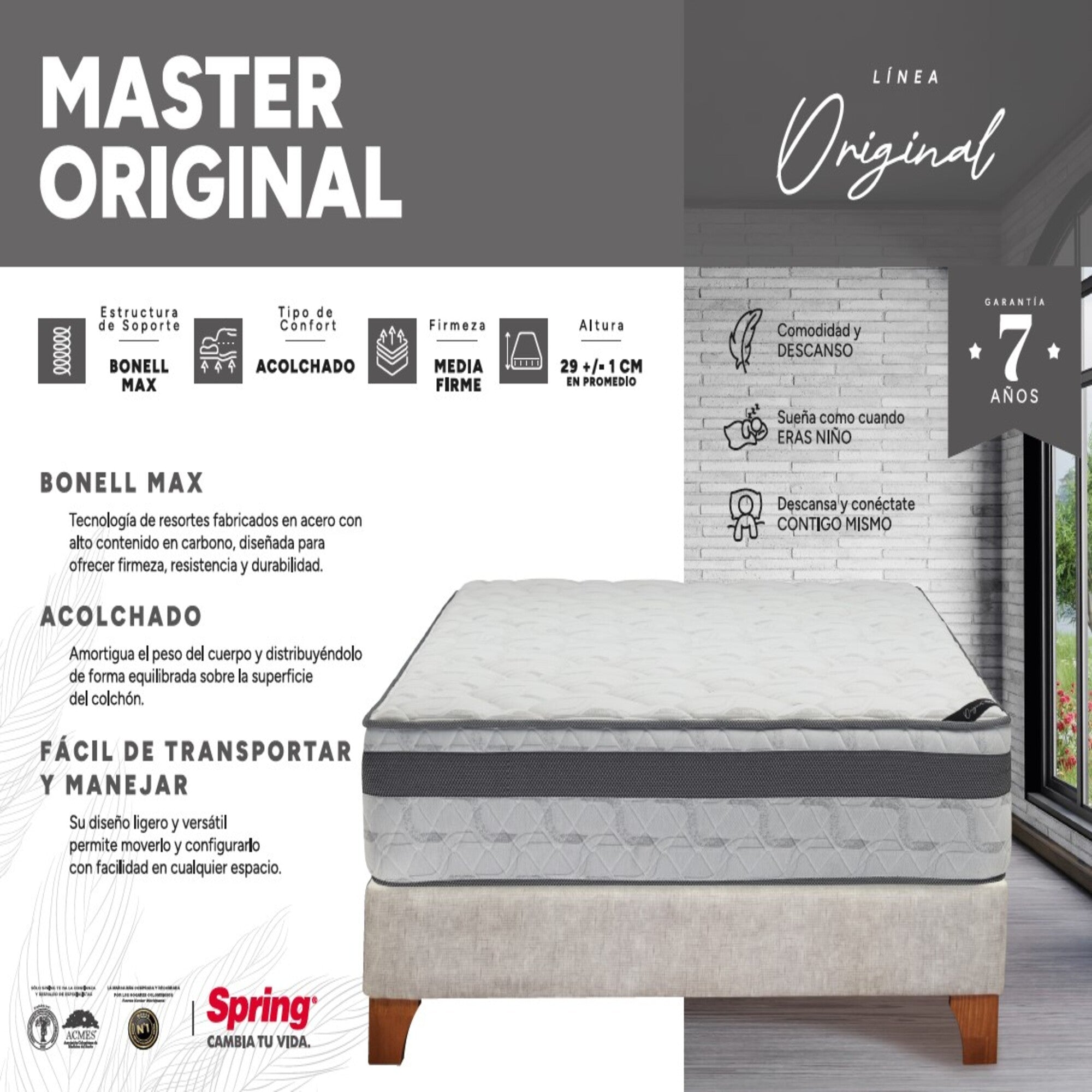 Combo Colchón Spring  Master Original Doble 140X190 Cm +  Set Almohada Siliconada