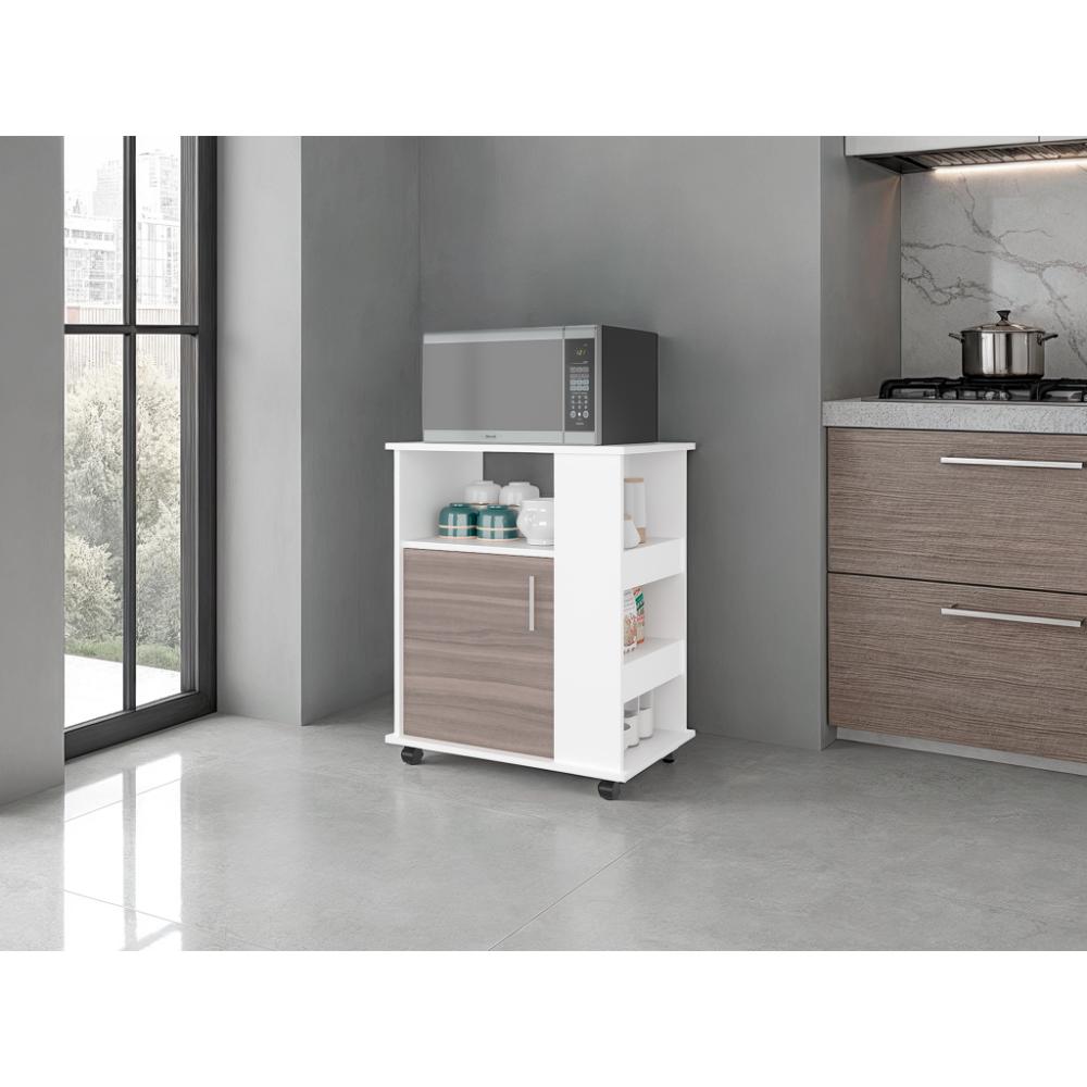 Módulo Microondas Tahara, Avellana y Blanco, con Rodachinas Plásticas y Amplio Espacio Para Almacenar Utensilios