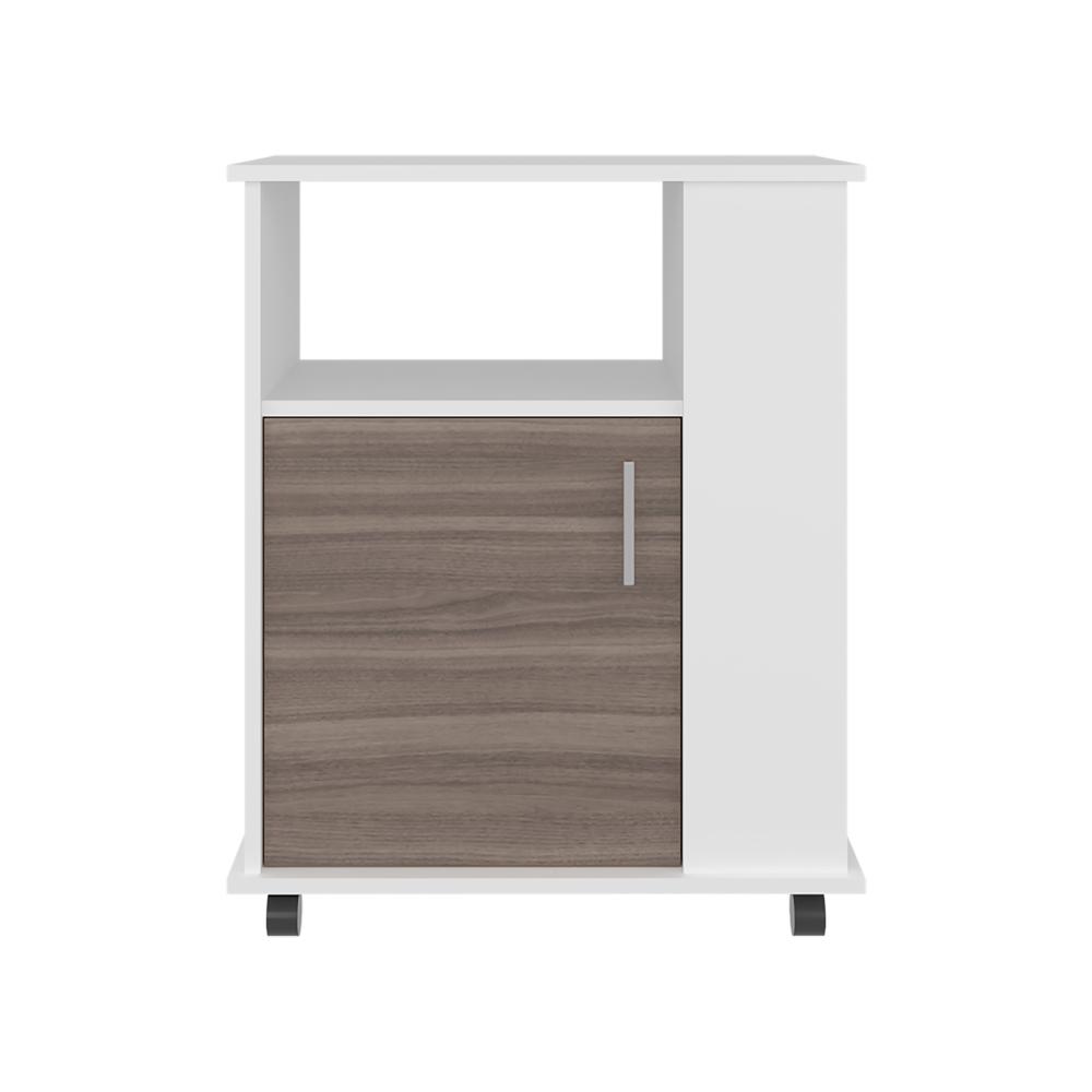 Módulo Microondas Tahara, Avellana y Blanco, con Rodachinas Plásticas y Amplio Espacio Para Almacenar Utensilios