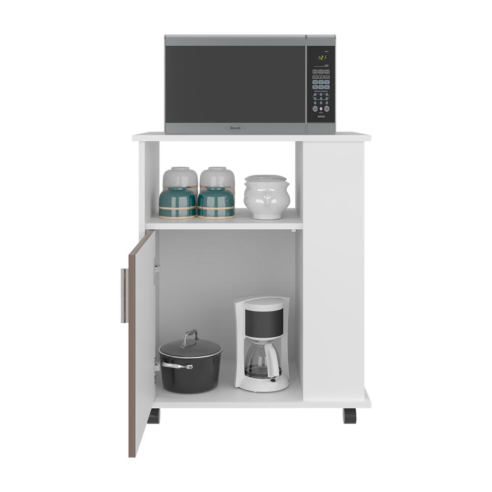 Módulo Microondas Tahara, Avellana y Blanco, con Rodachinas Plásticas y Amplio Espacio Para Almacenar Utensilios