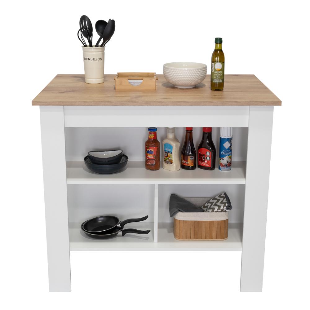Barra de Cocina Cala, Blanco Duqueza y Café Claro, con Amplia Superficie En La Mesa