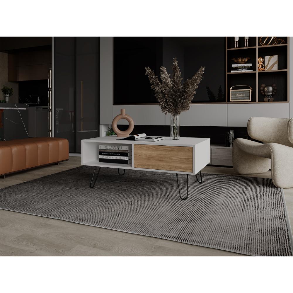 Mesa de Centro Tory, Blanco y Fresno Europeo, con Amplio Espacio para Elementos Decorativos ZF
