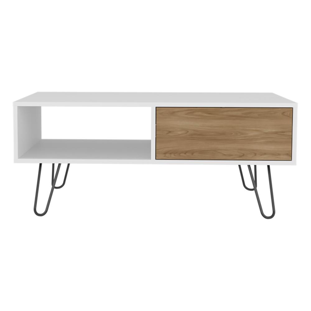 Mesa de Centro Tory, Blanco y Fresno Europeo, con Amplio Espacio para Elementos Decorativos ZF