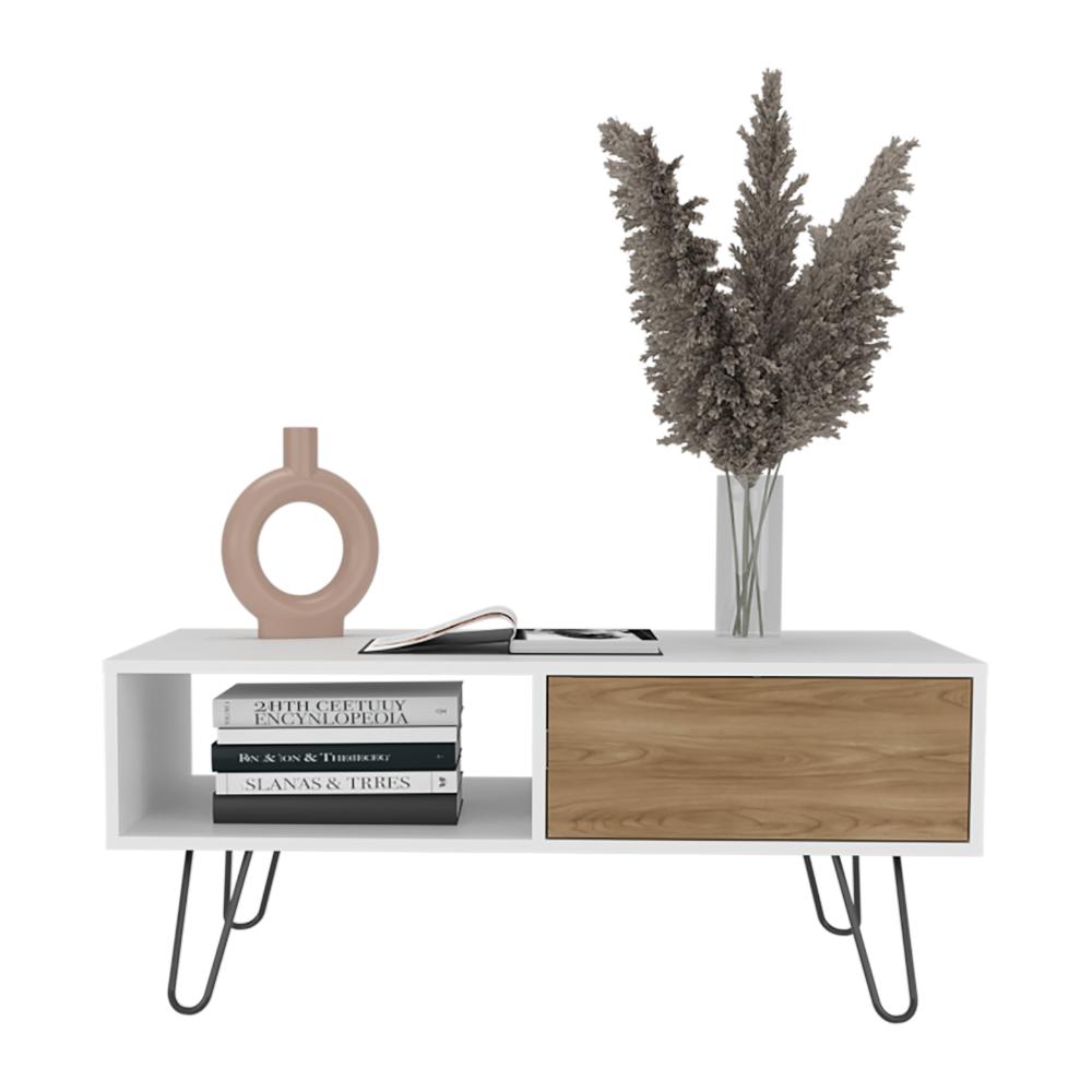 Mesa de Centro Tory, Blanco y Fresno Europeo, con Amplio Espacio para Elementos Decorativos ZF