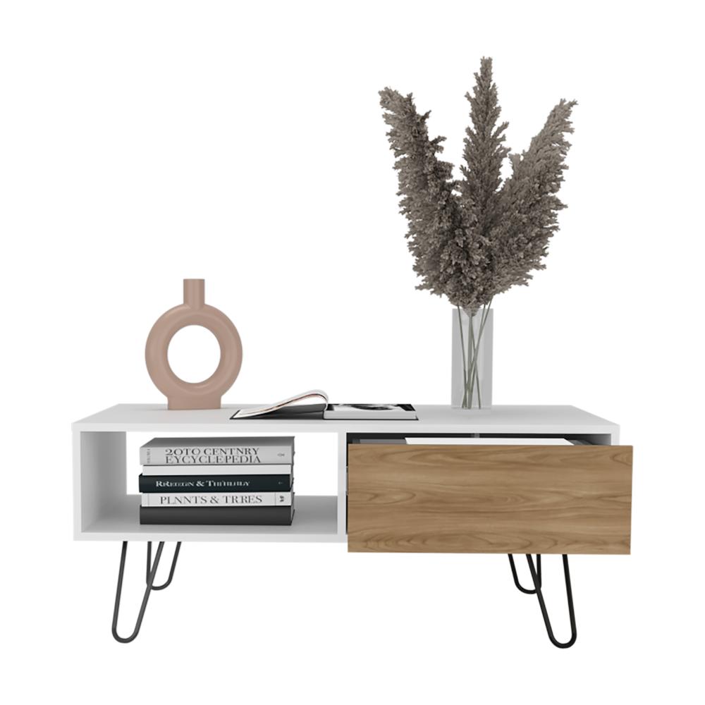 Mesa de Centro Tory, Blanco y Fresno Europeo, con Amplio Espacio para Elementos Decorativos ZF