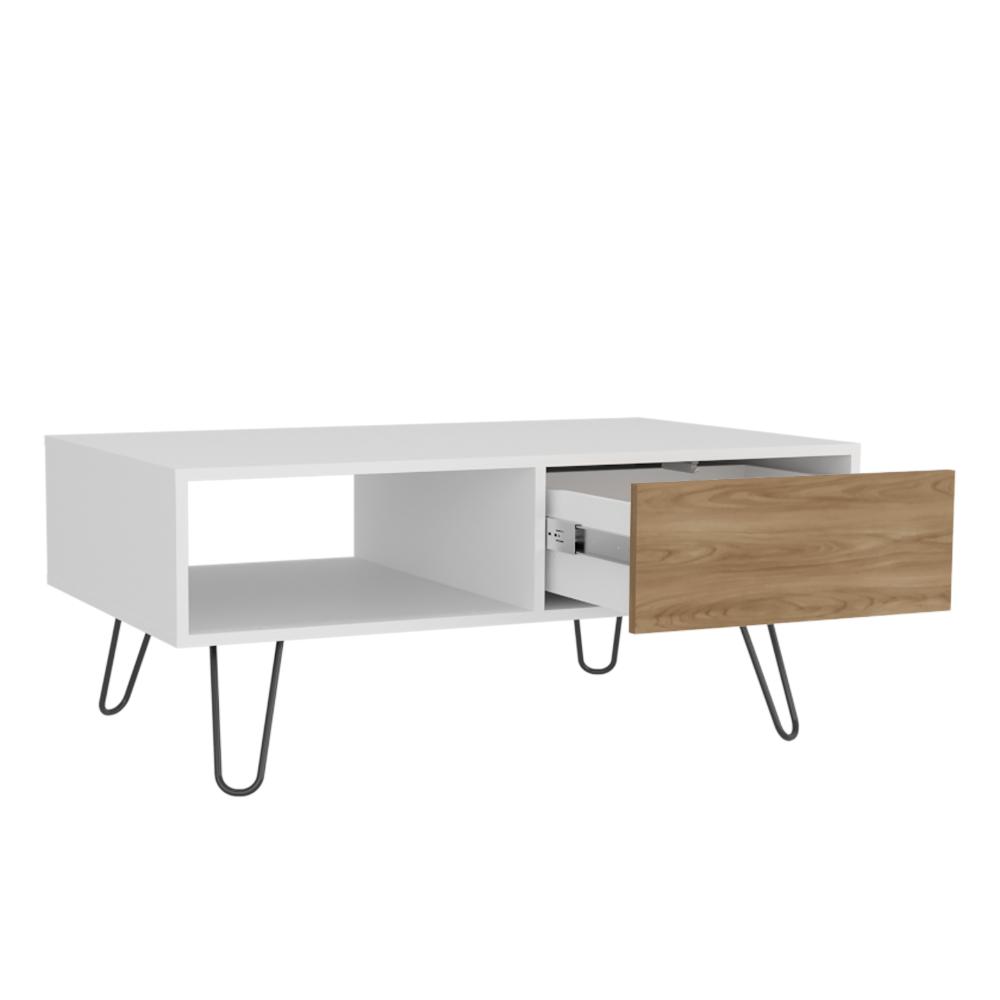 Mesa de Centro Tory, Blanco y Fresno Europeo, con Amplio Espacio para Elementos Decorativos ZF