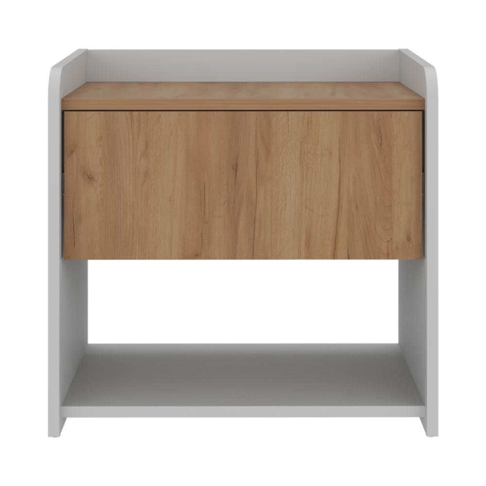 Mesa de Noche Fidelis, Kronos Blanco y Kronos Fresno, Un cajón y Amplia Superficie para poner objetos ZF