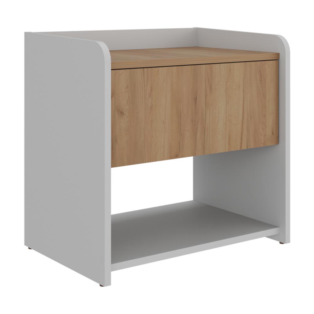 Mesa de Noche Fidelis, Kronos Blanco y Kronos Fresno, Un cajón y Amplia Superficie para poner objetos ZF