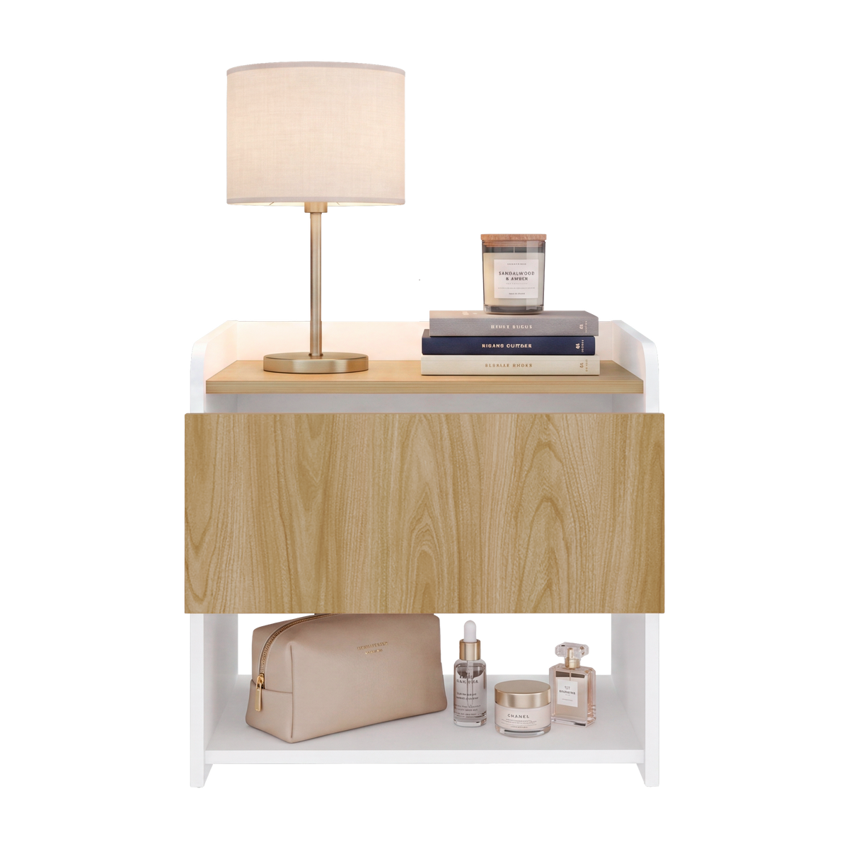 Mesa de Noche Fidelis, Blanco Duqueza y Fresno Europeo, con Diseño Moderno ZF